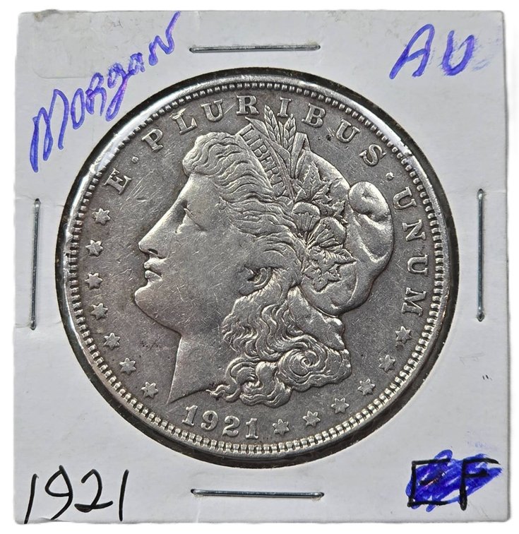 1921 Morgan Silver Dollar with AU Details in Stapled Flip