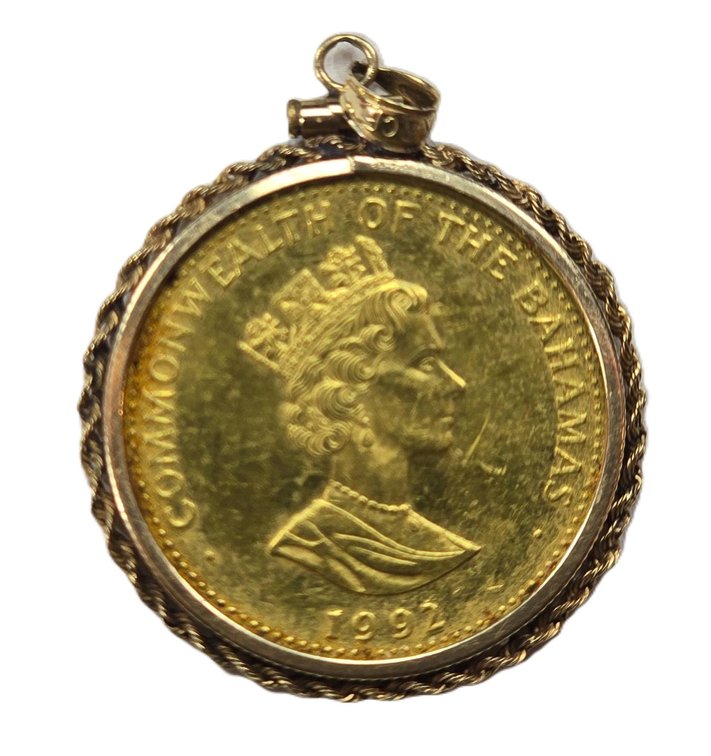 1992 $25 Bahamas Flamingos Gold Coin Proof in Metal Bezel Pendant