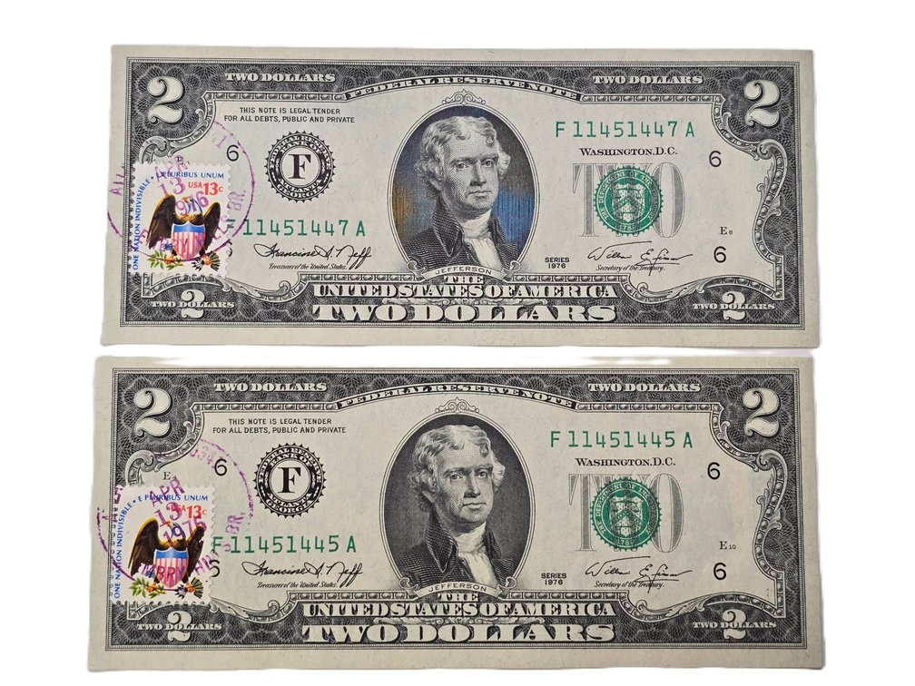 1976 $2 Federal Reserve Notes with Canceled Bicentennial Stamps, Uncirculated