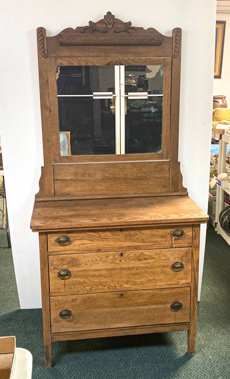 Oak Washstand/Dresser with Tilt Mirror and Three Drawers