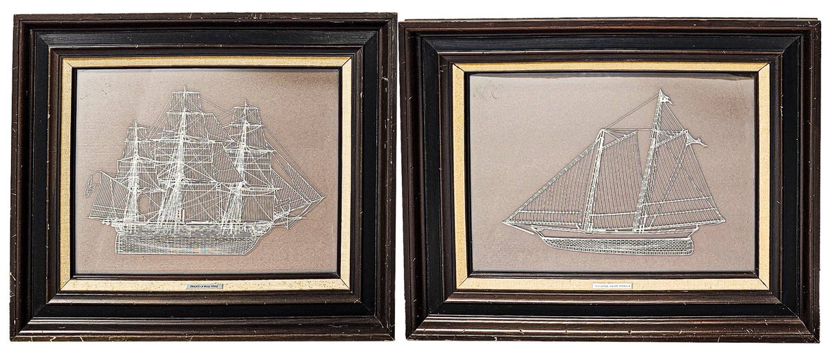 Two 1976 Framed Sterling Silver Ship Silhouettes