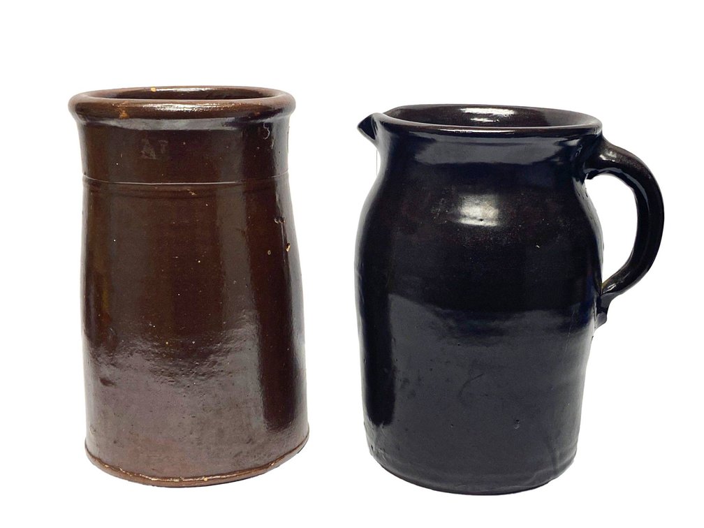 Two Glazed Stoneware Vessels: Brown Pitcher and Jar
