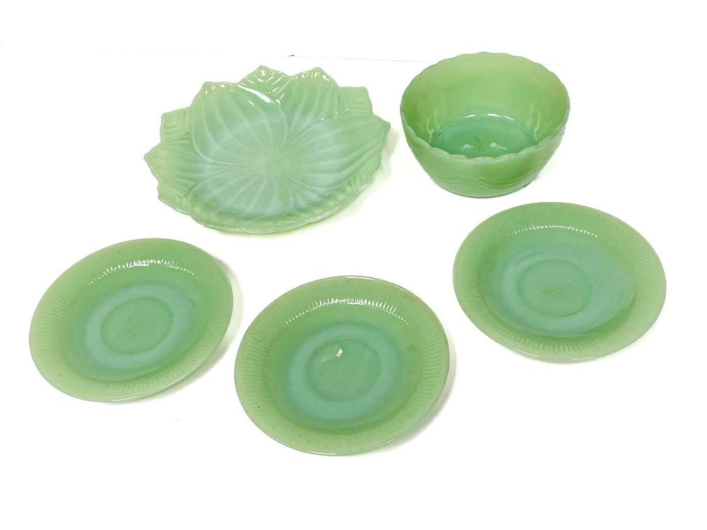 Fire King Jadeite Saucers with Bowl and AH Lotus Plate