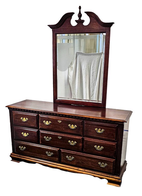 8-Drawer Wood Dresser with Mirror and Brass Hardware