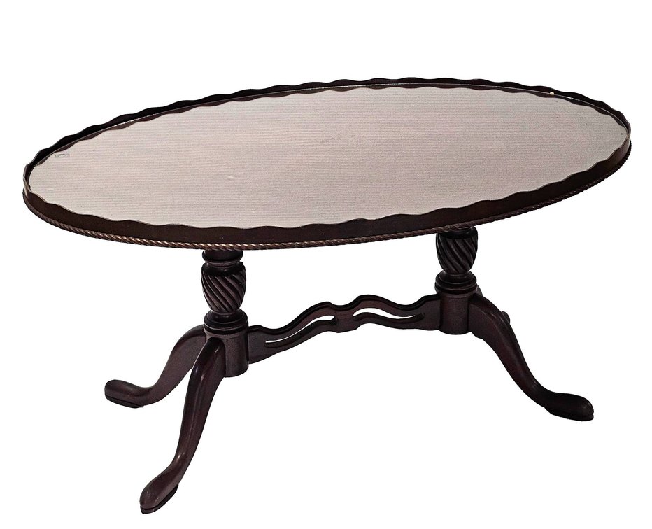 Oval Glass-Top Coffee Table with Dual Pedestal Base