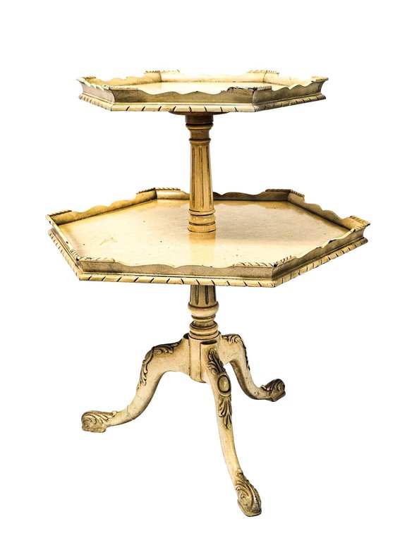 Two-Tier Painted Wood Accent Table with Scalloped Shelves