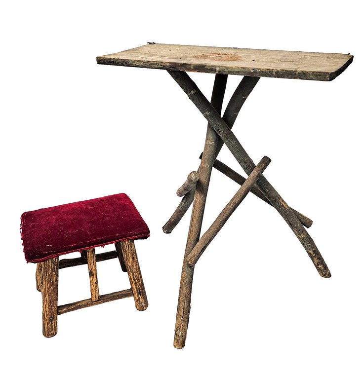 Rustic Twig Table and Hickory Footstool with Red Upholstery