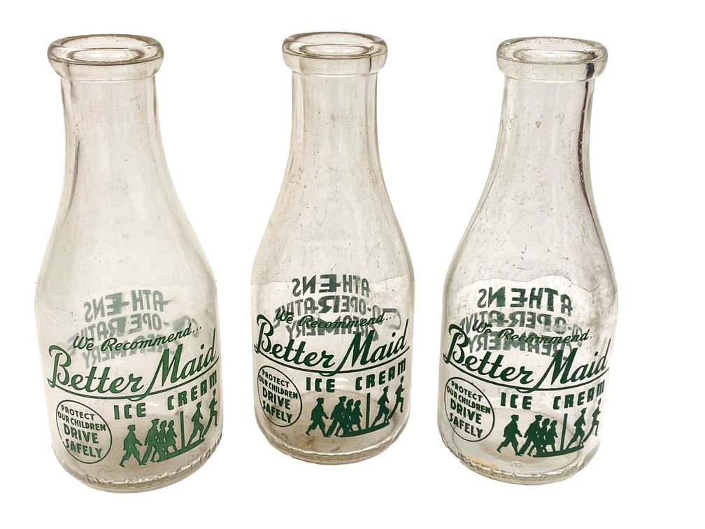 Three Athens Co-Operative Creamery Glass Milk Bottles with Better Maid Ice Cream Graphics