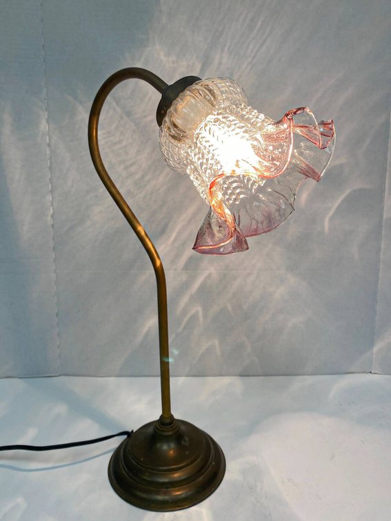 Brass Table Lamp with Ruffled Glass Shade and Pink Trim