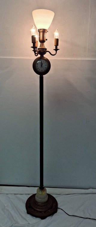 Brass Floor Lamp with Clock and Green Onyx