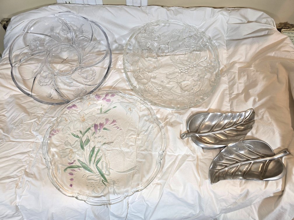 Three Large Glass Serving Trays & Aluminum Leaf Tray