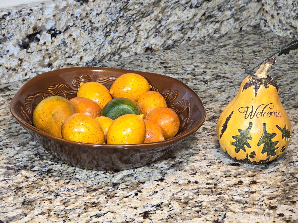 Pine Decorated Pottery Bowl w/Wooden Fruit & More