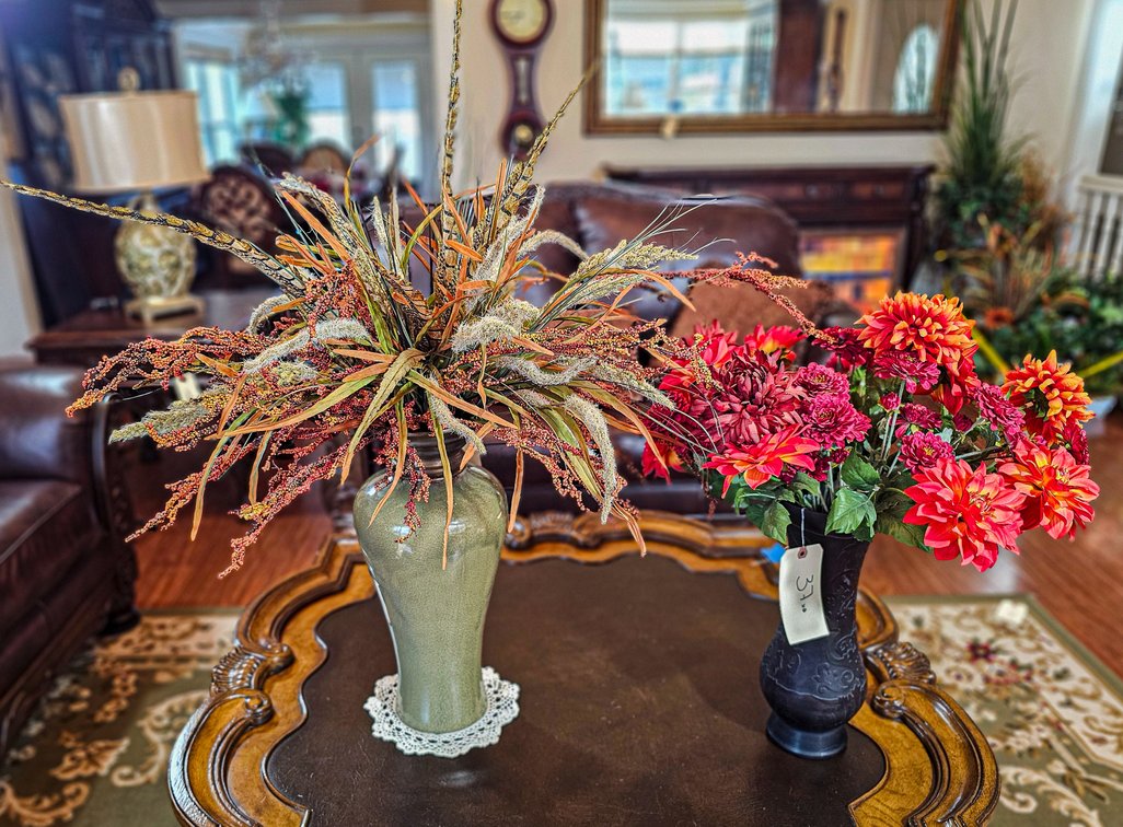 2 Tall Pottery Vases w/Floral Arrangements