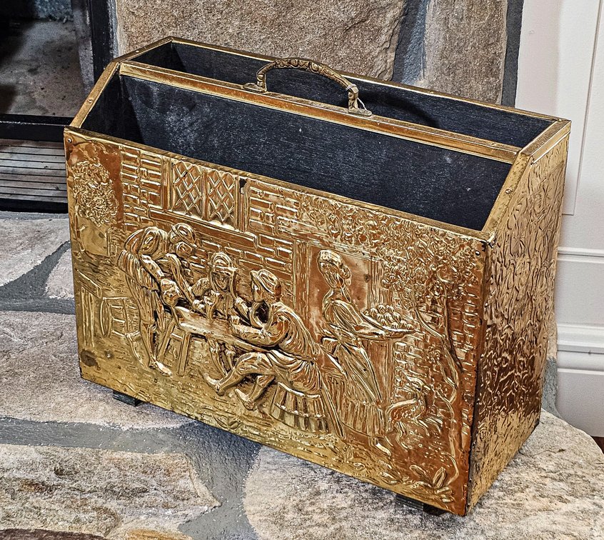 Vintage English Repousse Brass 2-Section Magazine Holder