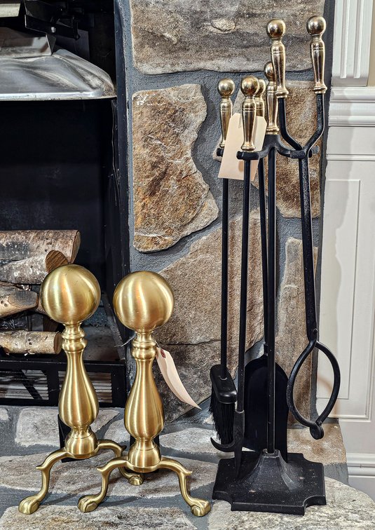 Pair Brass Cannonball Andirons & Matching Fireplace Tools
