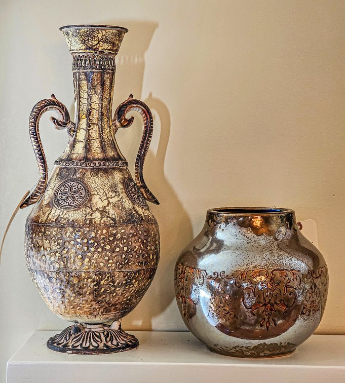 Pair of Vases - Tall Metal and Round Pottery