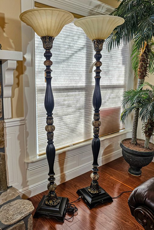 Pair Black & Gold Torchiere Floor Lamps