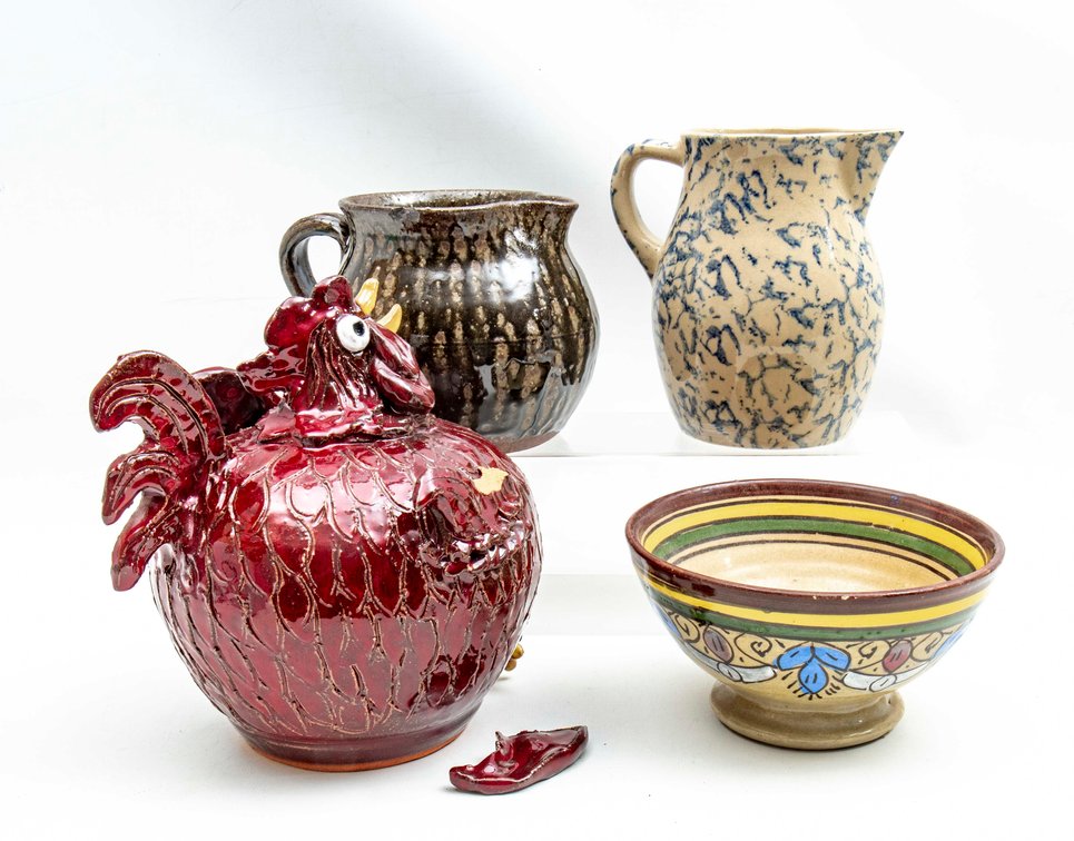 Huey & Anne Wheeler Rooster & Pottery Pitchers