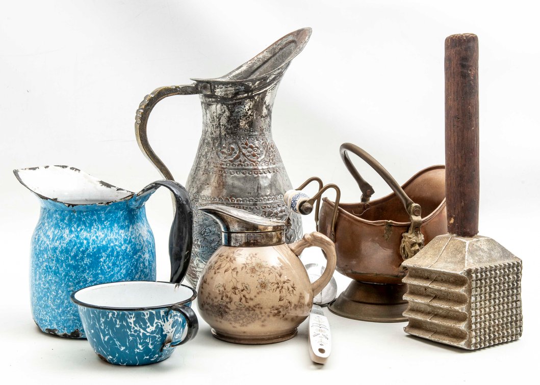 Vintage Pitcher, Copper Scuttle, & Meat Tenderizer