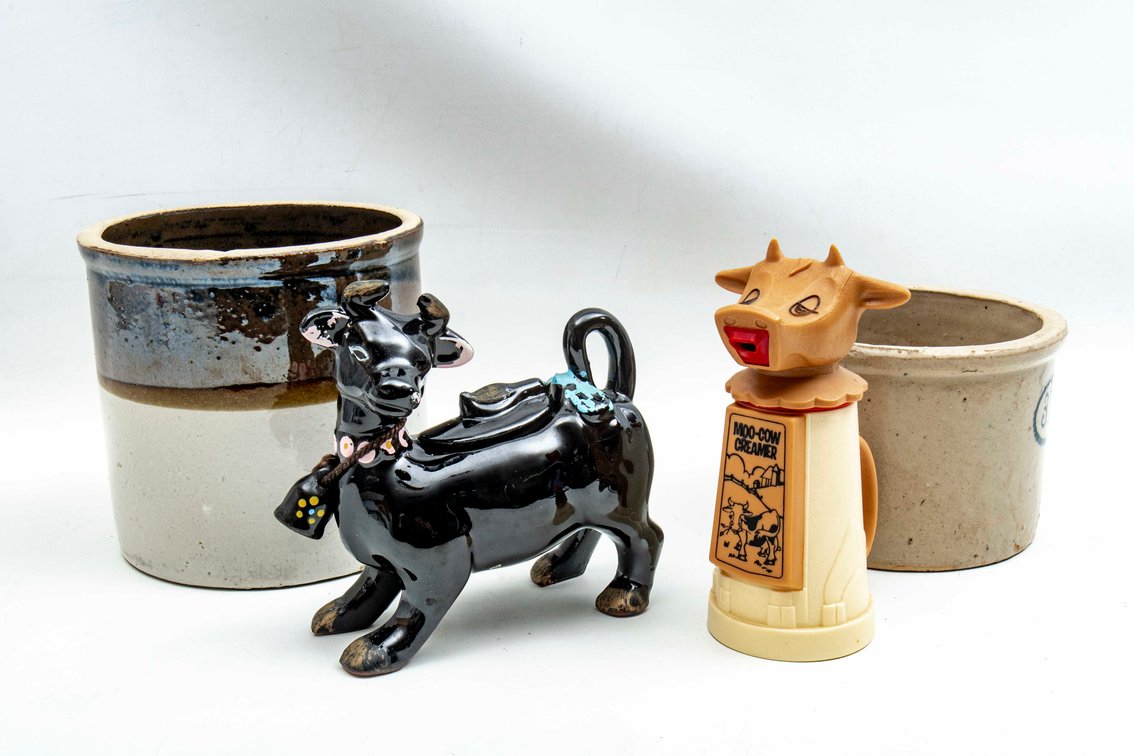 Black Cow Ceramic, Creamer, & Crocks
