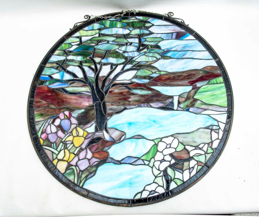 24" Round Stained Slag Glass Tree & Stream Art