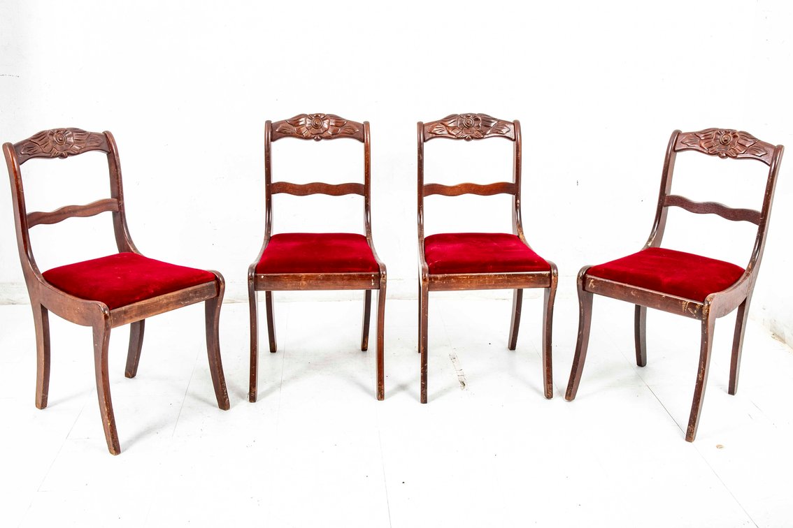 4 Duncan Phyfe Rose Back Chairs w/ Red Seats