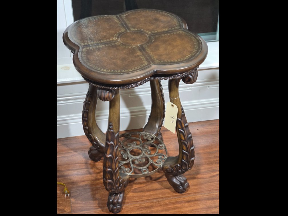 Cloverleaf Carved Wood and Iron Side Table
