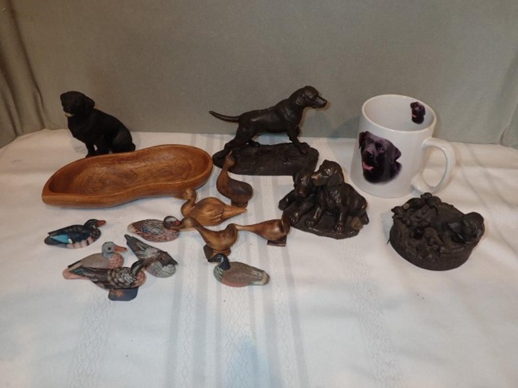 4 Dog Statues, Birds, and Mug