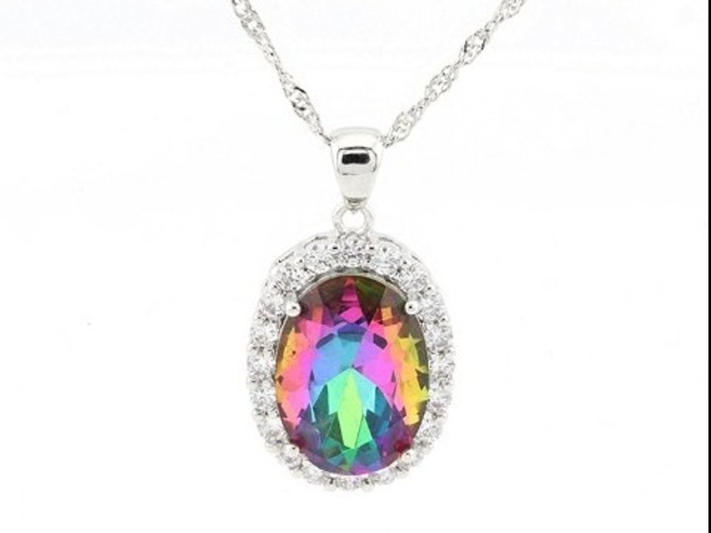 Foil Backed Glass Crystal Sterling Silver Pendant with Singapore Chain