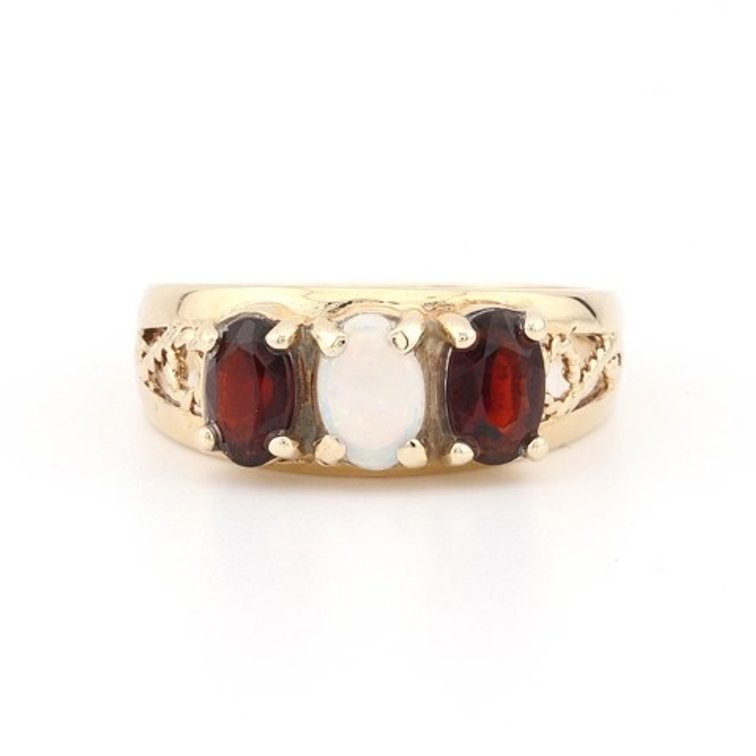 Opal and Garnet 10K Gold Scroll Detail Ring (Size 7¾)