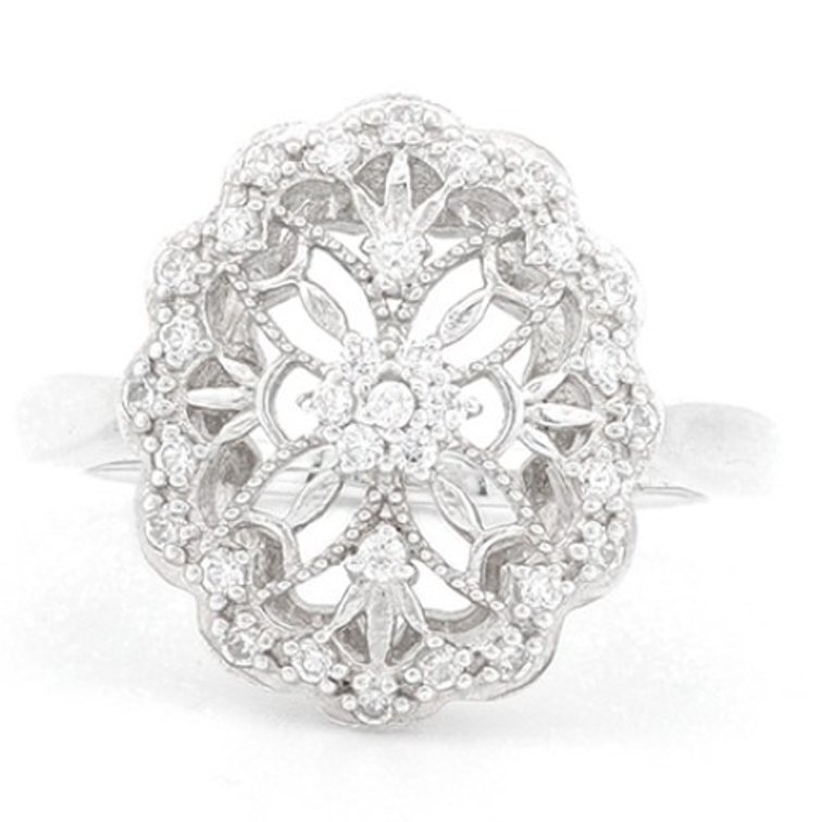 Cubic Zirconia Sterling Silver Filigree Style Ring (Size 6)