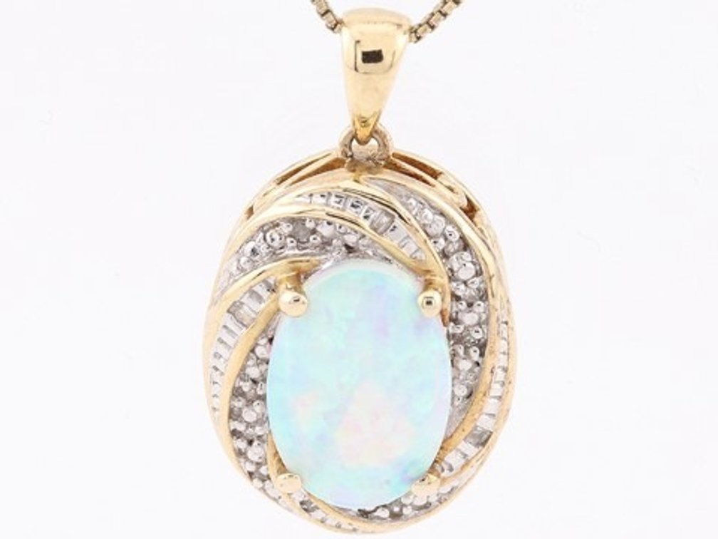 Imitation Opal and Diamond Gold Plated Sterling Silver Pendant with Box Chain