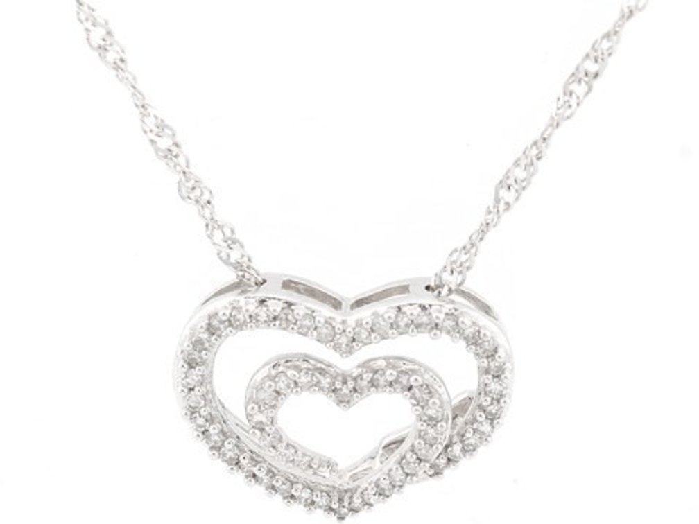 Diamond Double Heart 14K White Gold Pendant with Singapore Chain