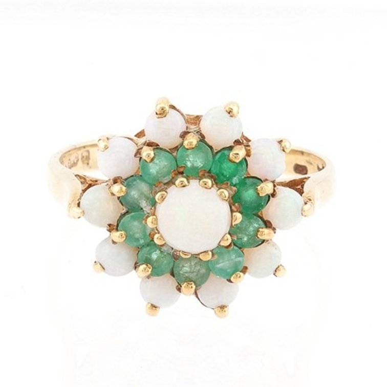 Opal and Emerald Cluster 9K Gold Ring (Size 7)