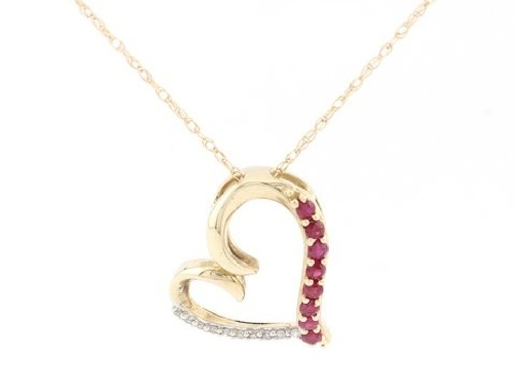 Ruby and Diamond 10K Gold Heart Pendant with Singapore Chain