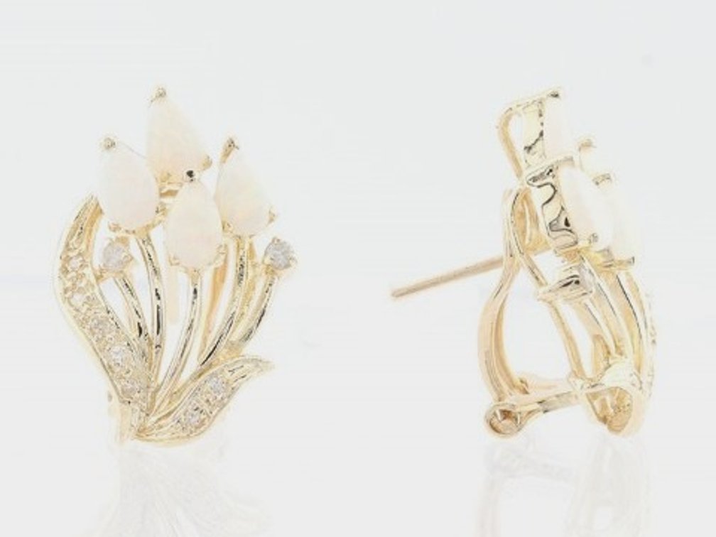 Opal and Diamond 14K Gold Omega Back Stud Earrings