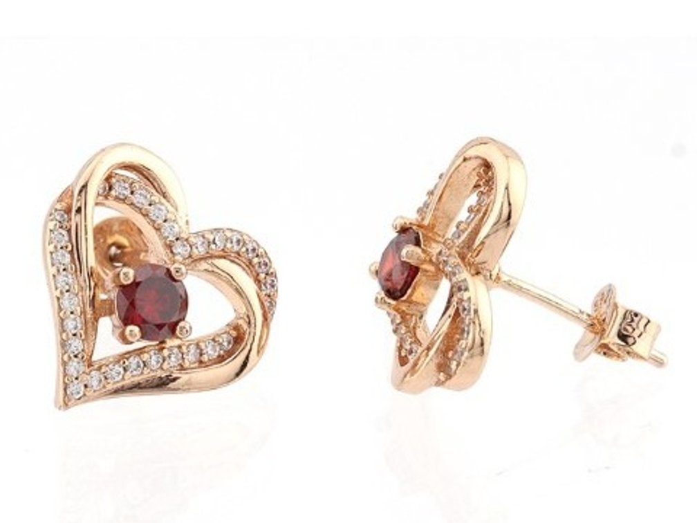 Garnet and Cubic Zirconia Rose Gold Plated Sterling Silver Heart Stud Earrings