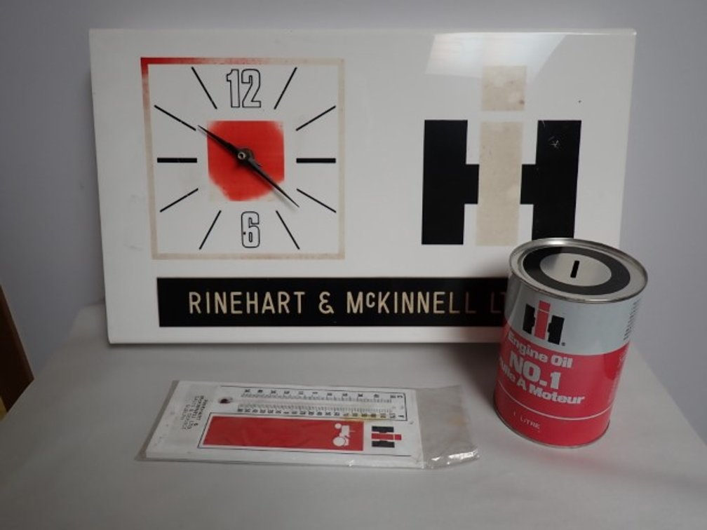 Rinehart & McKinnell Ltd Vintage Wall Clock, Thermometer and Oil Can Coin Jar