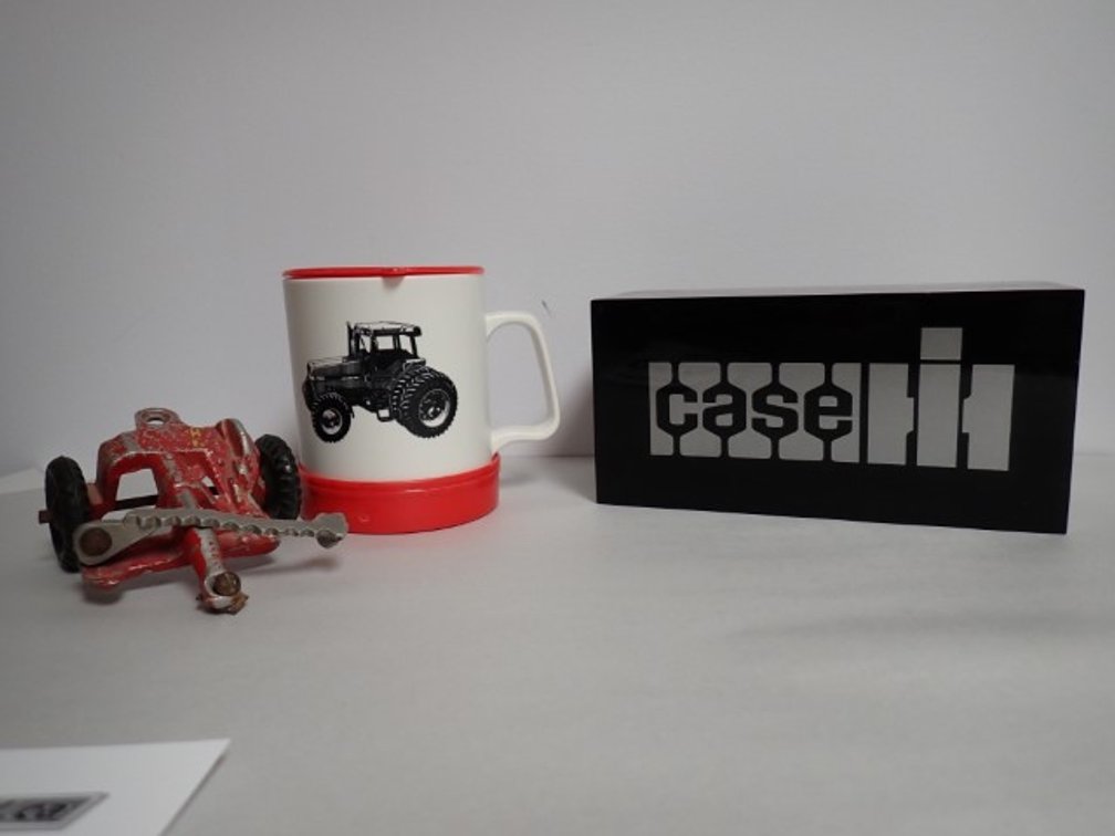 CASE Acrylic Desk Block, MAGNUM Travel Coffee Mug & Vintage Massey Harris Sickle Die-cast Model