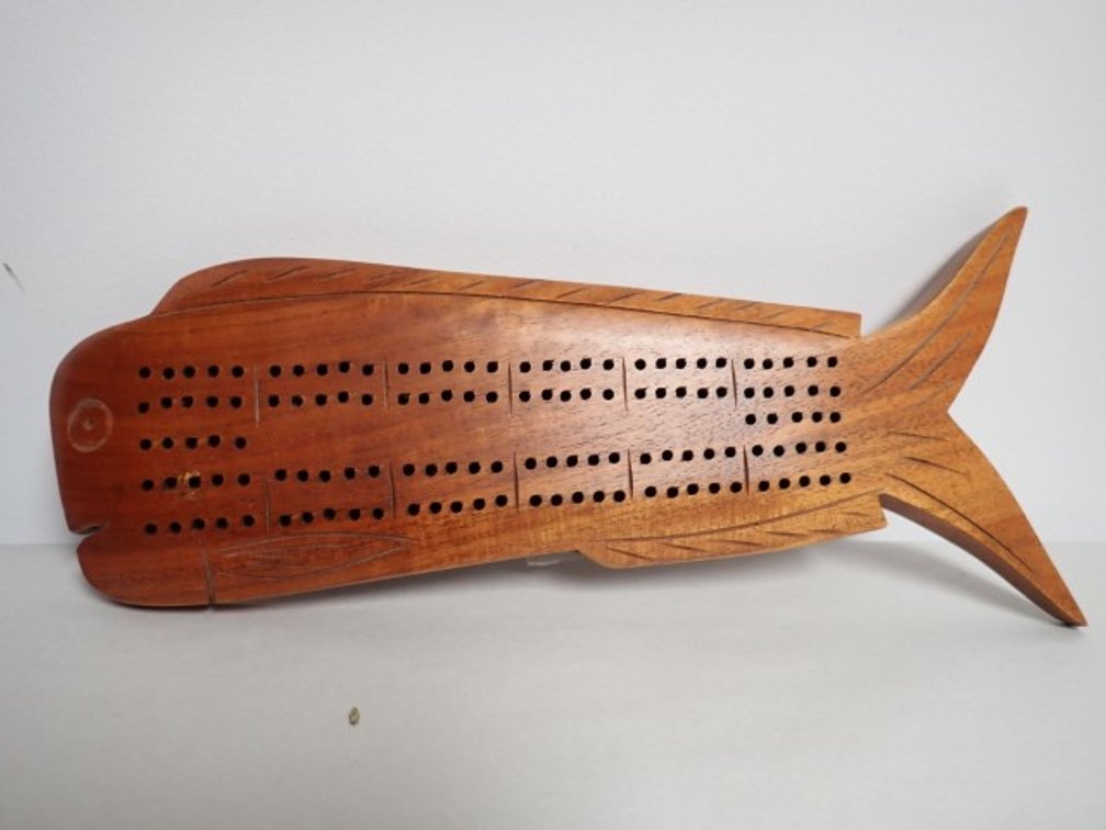Unique Wooden Hand Carved Fish Cribbage Board