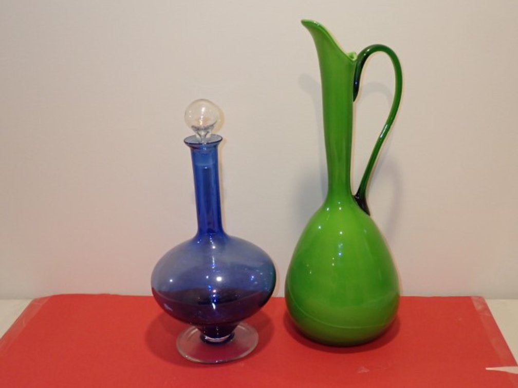 Blue Glass Decanter /MCM Ceramic Pitcher
