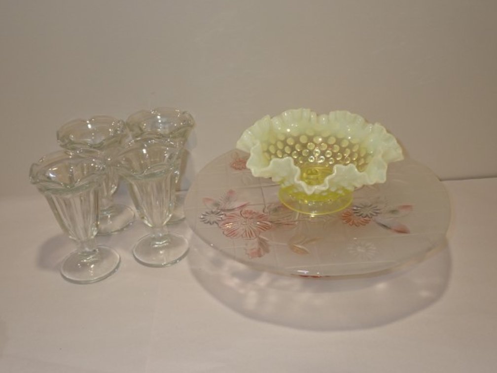 Vintage Fenton Yellow Milk Glass Hobnail Ruffled Candy Dish and more