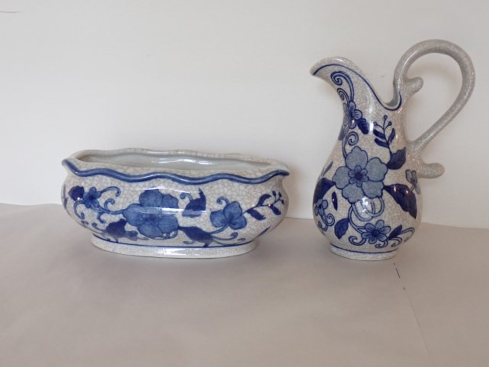 Blue & White  Ceramic Pitcher & Basin