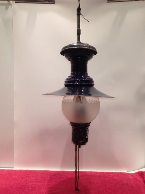 Industrial Enamel Hanging Light Fixture with Etched Glass Globe
