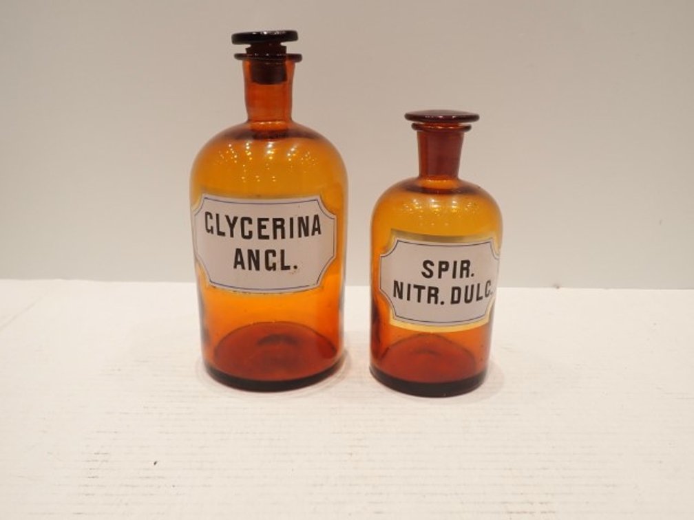 Vintage Amber Apothecary Pharmacy Bottles with Glass Stoppers – Pair