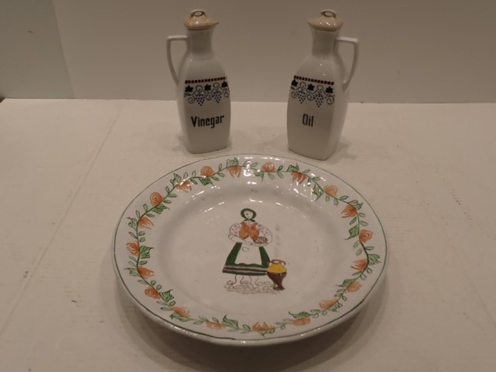 Portuguese Pottery Serving Bowl with Oil & Vinegar Cruets – 3-Piece Set