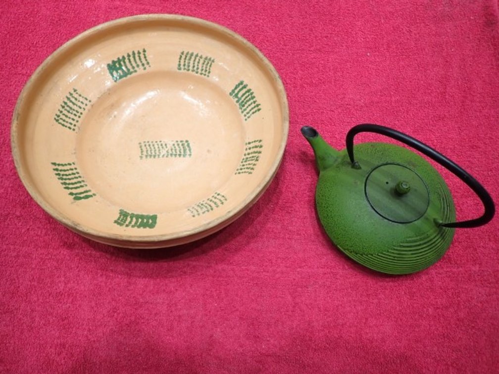 Cast Iron Teapot & Decorative Pottery Serving Bowl