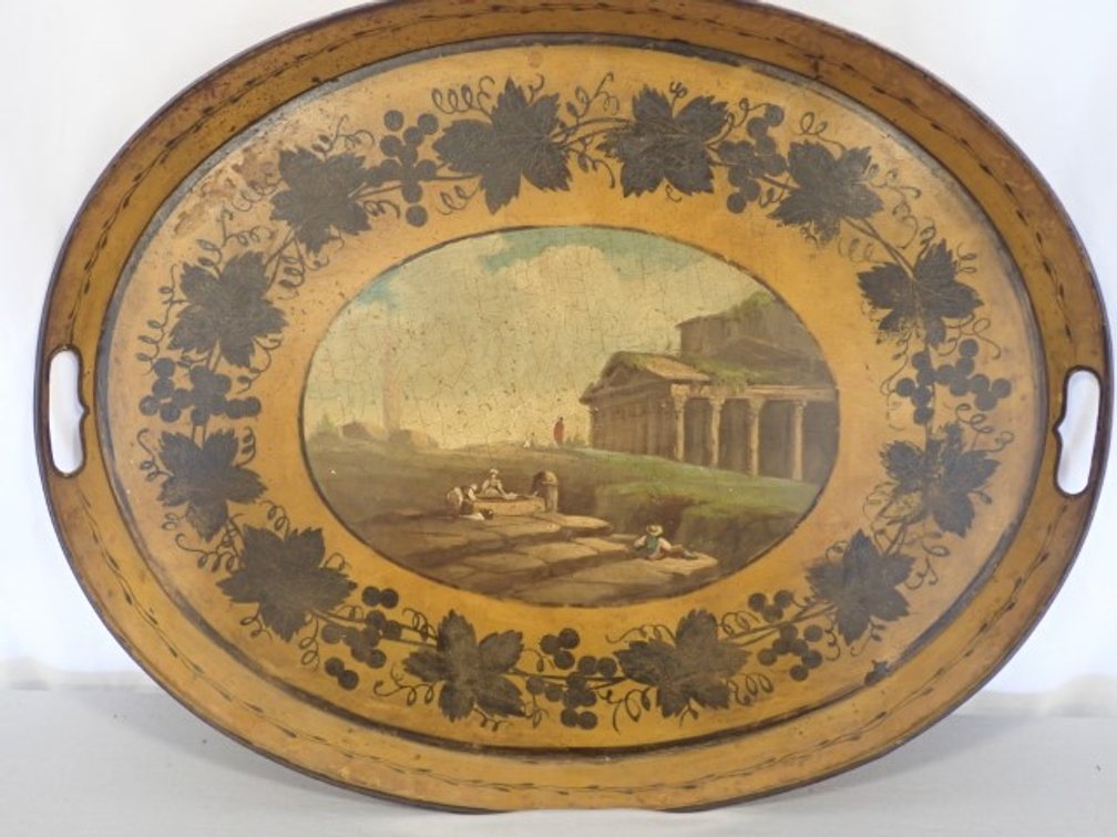Vintage Hand-Painted Oval Wooden Serving Tray