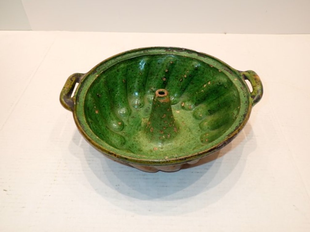 Vintage Green Glazed Pottery Bundt Cake Mold with Handles