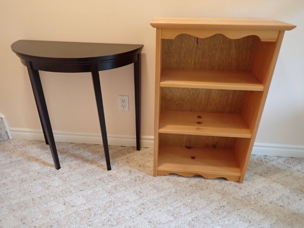 Black Demilune Table and Pine Display Shelf